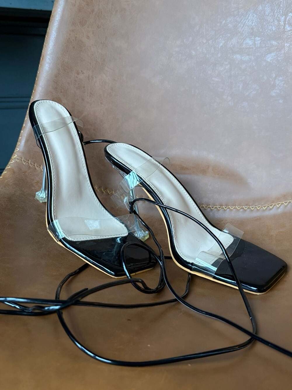 Black Lace-Up Clear Stiletto Square Toe Heeled Sandals